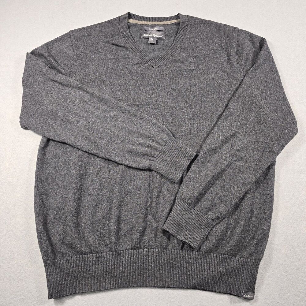 Eddie Bauer Men's Large Charcoal Gray V-Neck Pullover Knit Sweater Cotton Merino